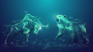 concept of stock market exchange or financial technology, polygon bull and bear with futuristic element