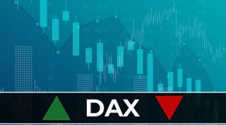 European stock market index DAX (ticker DAX) on blue financial background from numbers, graphs, pillars, candles, bars. Trend Up and Down, Flat. 3D illustration. Stock market concept